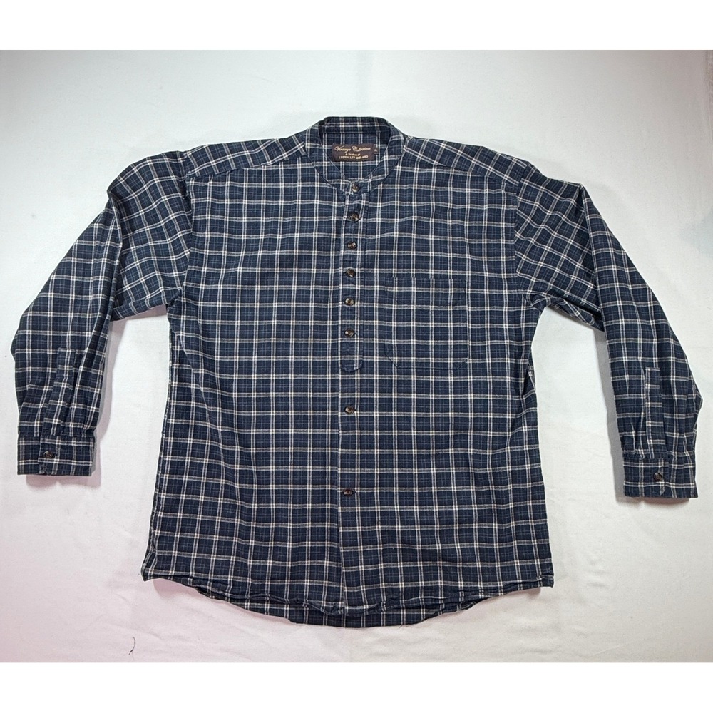 Lee Valley Ireland Grandfather Shirt XL Navy Blue Plaid Flannel Band Collar Mens